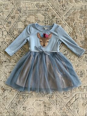 Blue Tulle Deer Appliqué Dress with Floral Accents 4T